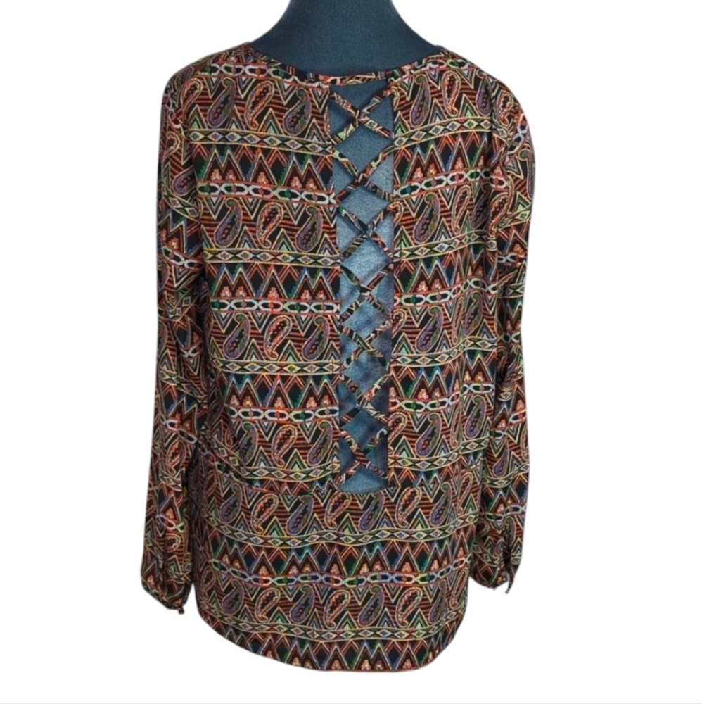 Forever 21 Criss Cross Open Back Long Sleeve Paisley Blouse Size Medium